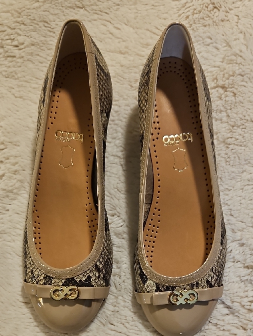 Cole Haan Beige Snake-Print Ballet Flats with Gold Accent